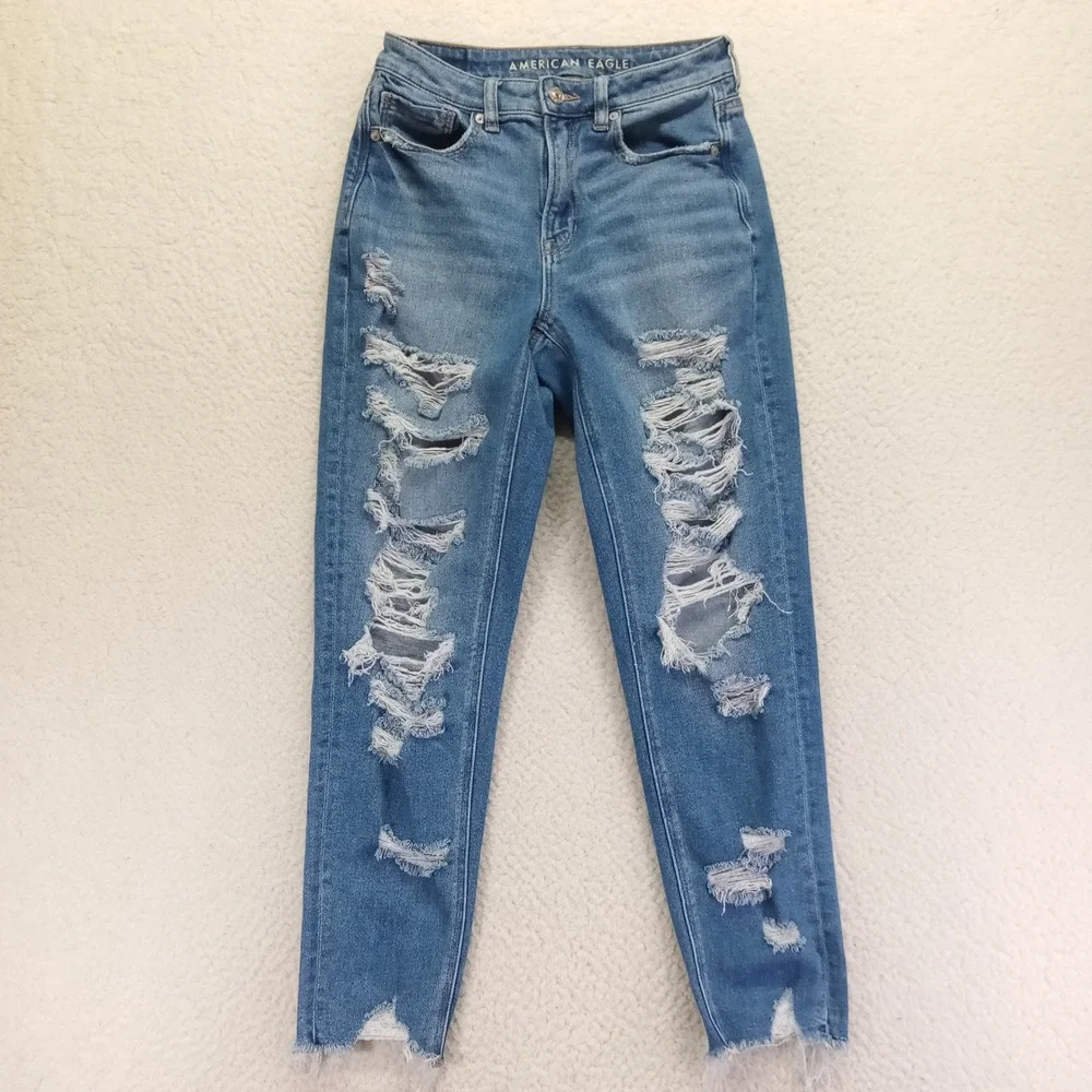 American Eagle Women Distressed Skinny Jeans Blue Medium Wash Raw Hem Size 2 Reg